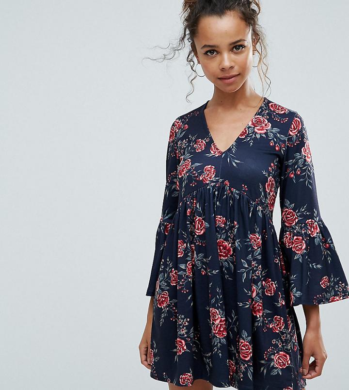 Asos Petite Smock Dress With V Neck And Trumpet Sleeve In Rose Print - Multi