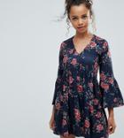 Asos Petite Smock Dress With V Neck And Trumpet Sleeve In Rose Print - Multi
