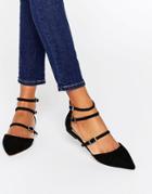 Faith Triple Strap Flat Shoes - Black