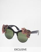 Rad + Refined Cat Eye Sunglasses With Multi Colored Glitter Roses - Black