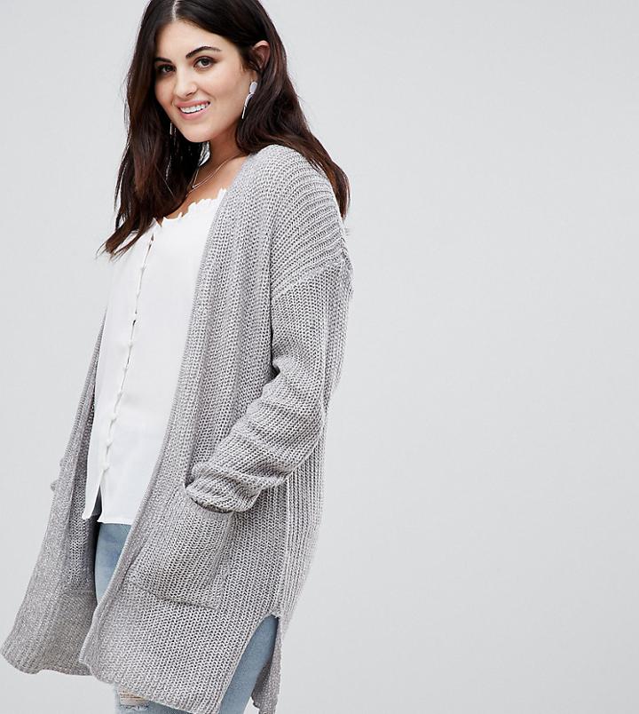 Brave Soul Plus Shawl Collar Cardigan In Fishman Rib Knit With Pockets - Gray