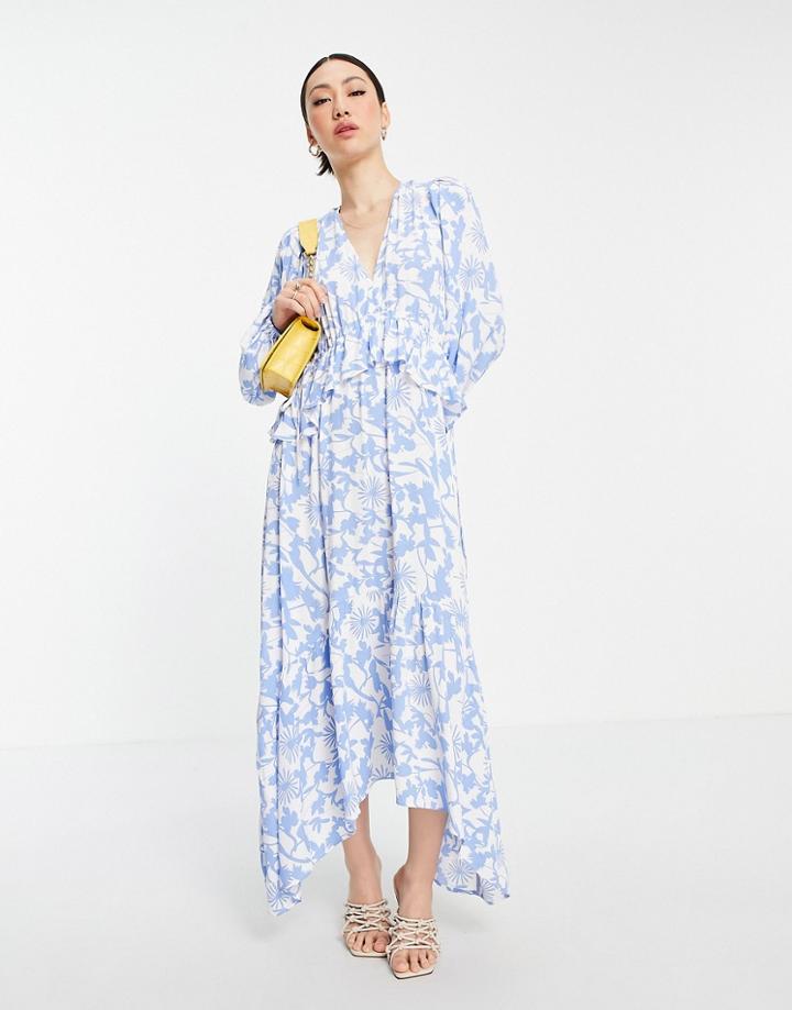 Y.a.s Maxi Dress With Ruffle Detail In Blue Floral Print-multi