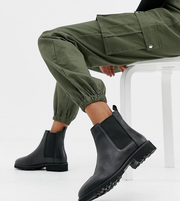 Asos Design Wide Fit Addie Leather Chunky Chelsea Boots - Black