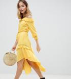 Asos Design Petite Off Shoulder Shirred Cuff Midi Tea Dress-yellow