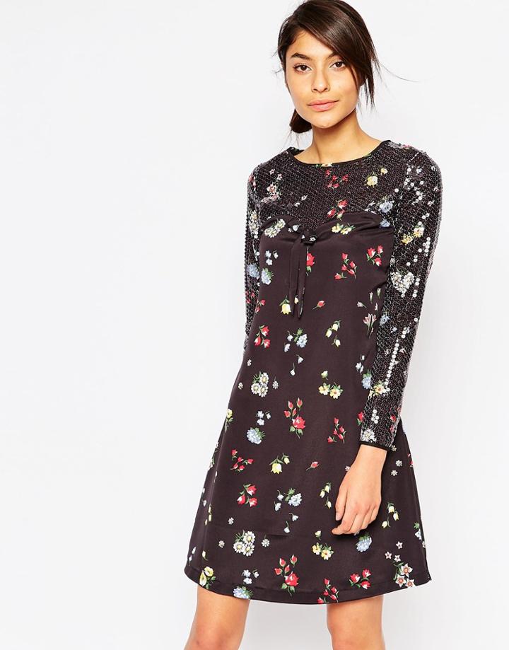 Love Moschino Floral Print Shift Dress With Sequin Sleeves - Black