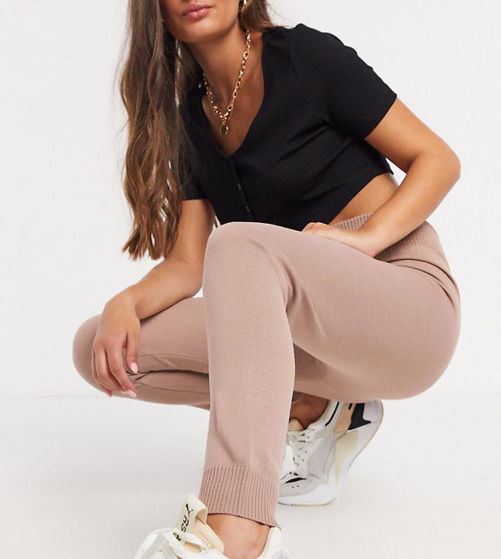 Fashionkilla Petite Knitted Rib Jogger In Mauve-brown