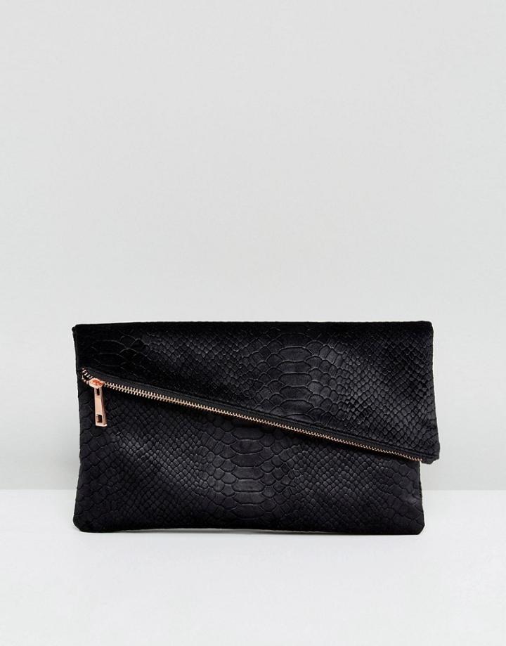 Asos Design Velvet Snake Square Clutch Bag With Slanted Zip Top - Black