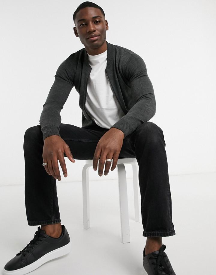 French Connection Soft Touch Knitted Zip Through Bomber Jacket In Dark Gray-grey