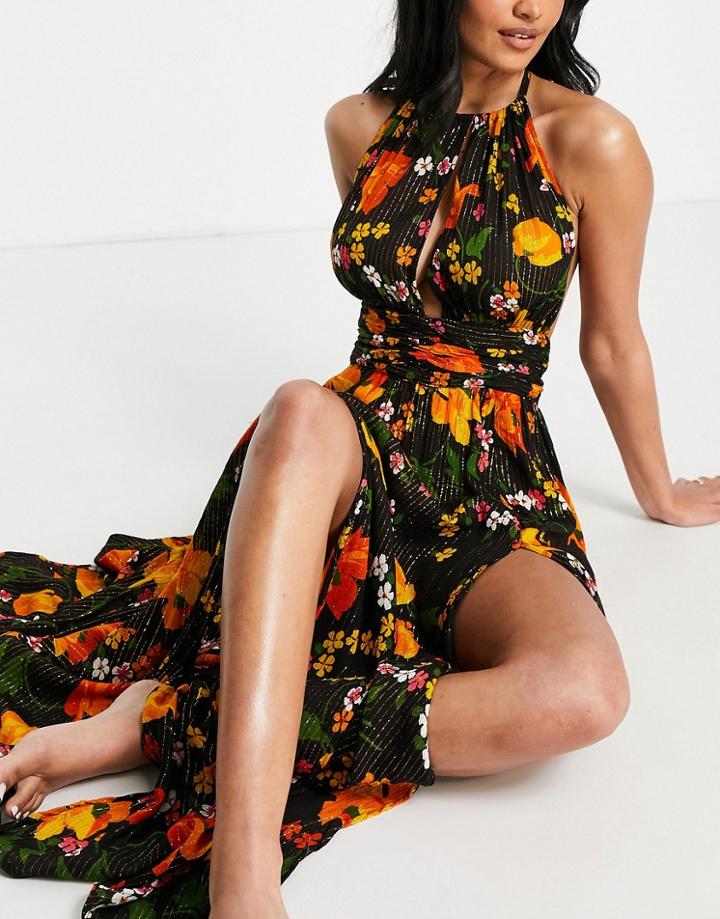 Asos Design Fuller Bust Deep Plunge Maxi Beach Dress In Enchanted Floral Print-multi