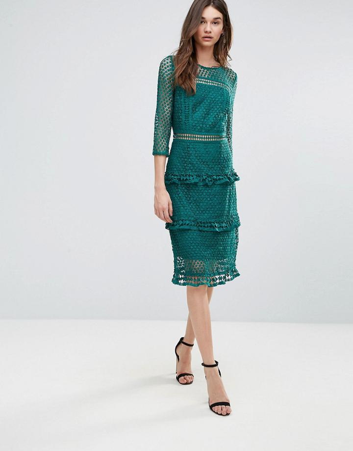 Liquorish Layered Lace 3/4 Sleeve Midi Dress - Green