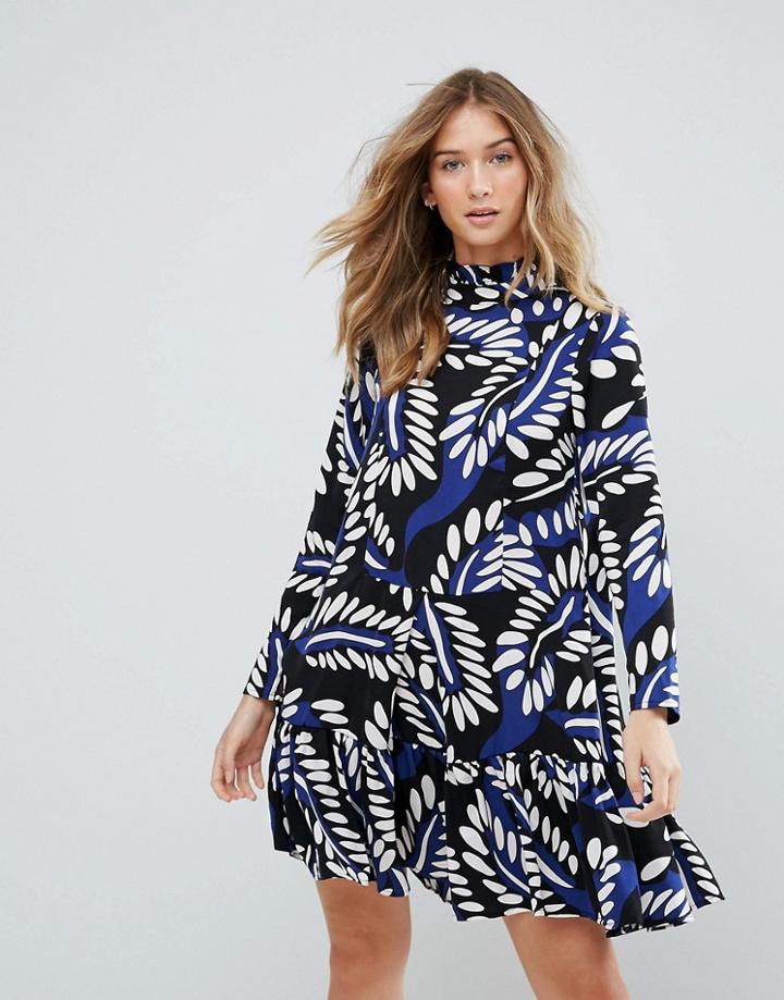 Traffic People High Neck Graphic Print Shift Dress - Blue