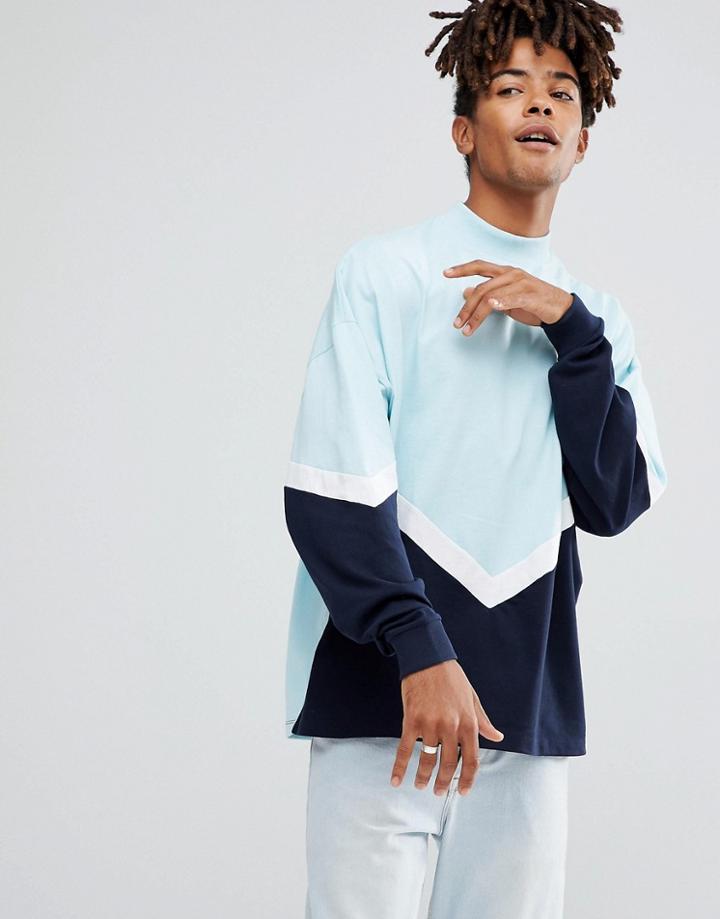 Asos Oversized Long Sleeve T-shirt With Chevron Panelling And Turtleneck - Blue