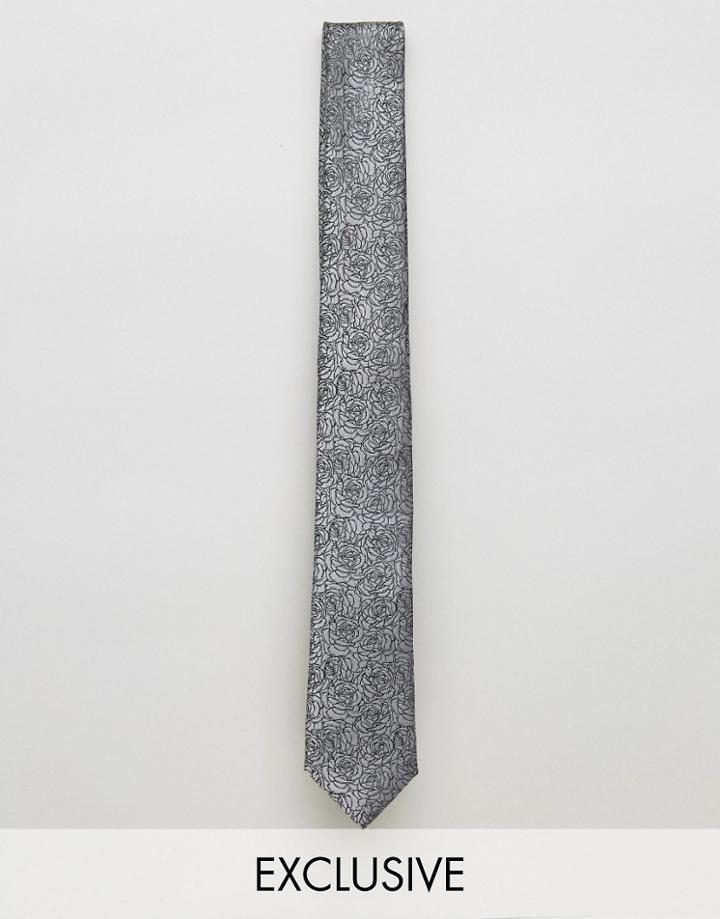 Noose & Monkey Jacquard Blade Tie In Floral Print - Gray