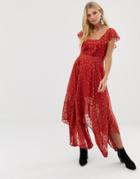Religion Maxi Dress In Sheer Dobby With Frill Detail - Red