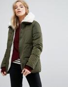 New Look Faux Shearling Lined Padded Jacket - Green