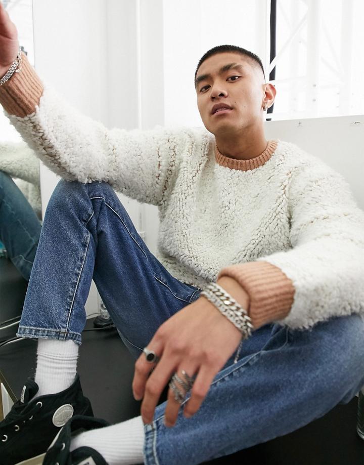 Asos Design Knitted Sherpa Crewneck Sweater In Ecru-white