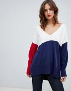 Boss Casual Oversized V Neck Color Block Sweater - Multi