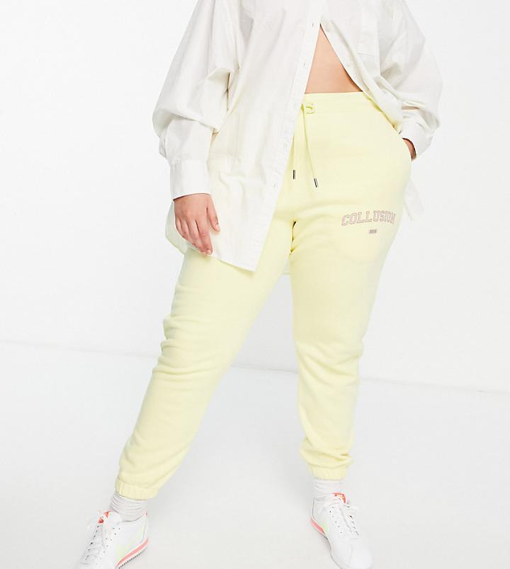 Collusion Plus Exclusive Varsity Print Skinny Sweatpants In Yellow