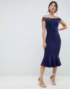 Little Mistress Bardot Fluted Hem Midi Pencil Dress With Applique - Navy