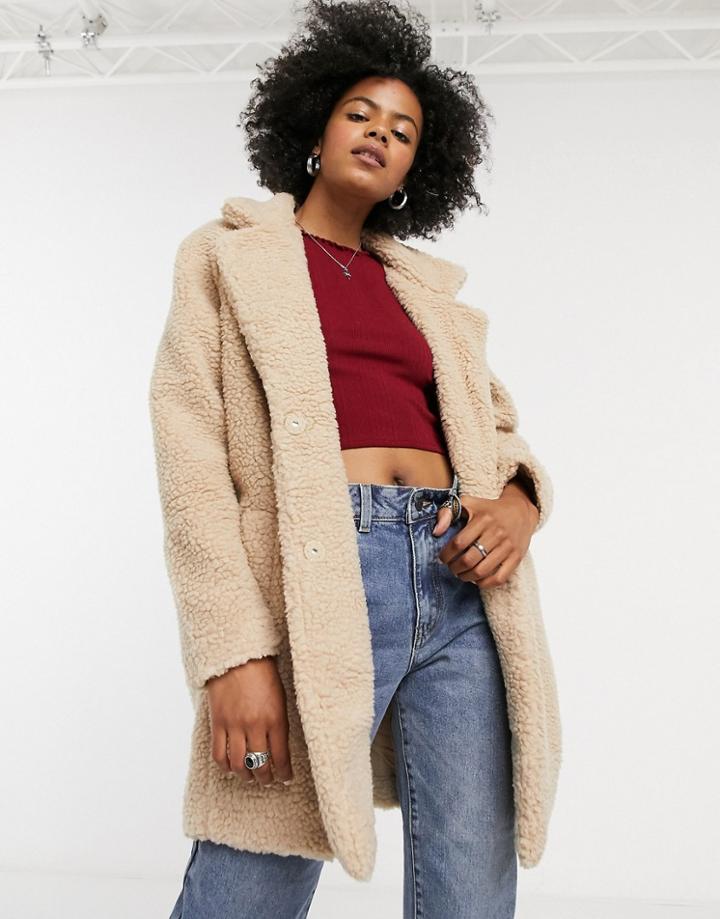Only Longline Button Front Coat In Beige-neutral
