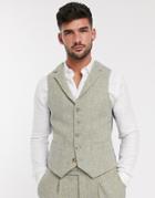 Asos Design Slim Suit Suit Vest In 100% Wool Harris Tweed In Stone Herringbone