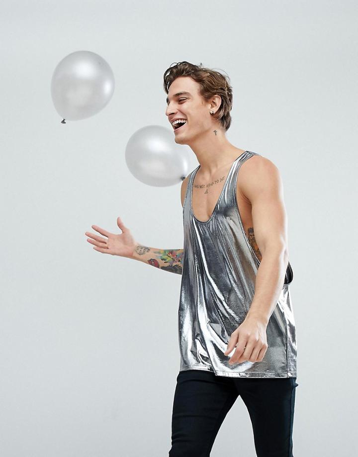 Asos Extreme Racer Back Tank In Shiny Metallic Silver - Silver