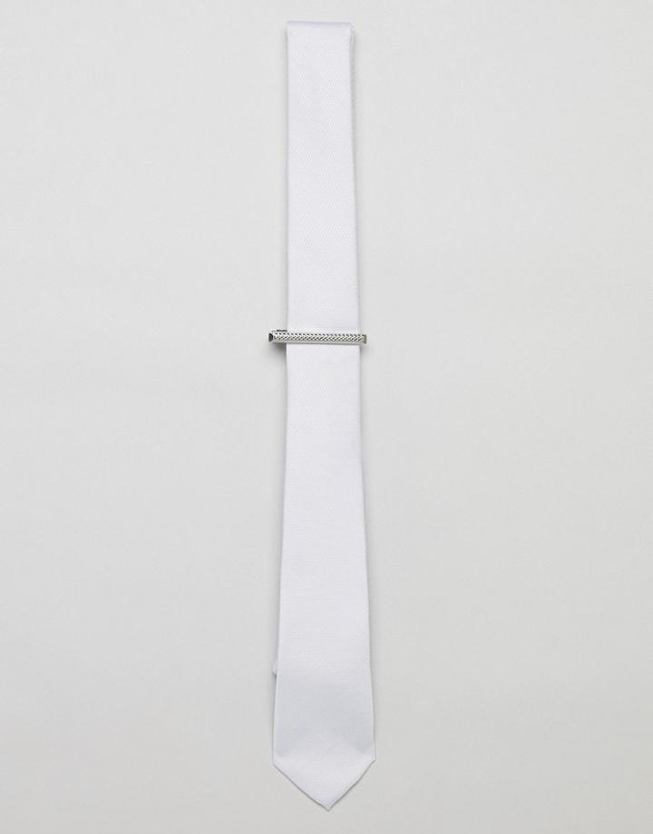 Asos Design Slim Textured Tie With Tie Bar In Pale Blue - Blue