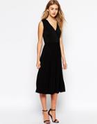 Asos Midi Dress With Wrap Front And Pleated Skirt - Black