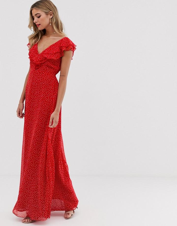 Twisted Wunder Chiffon Maxi Dress With Ruffle Detail In Ditsy Polka Dot - Multi