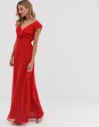 Twisted Wunder Chiffon Maxi Dress With Ruffle Detail In Ditsy Polka Dot - Multi