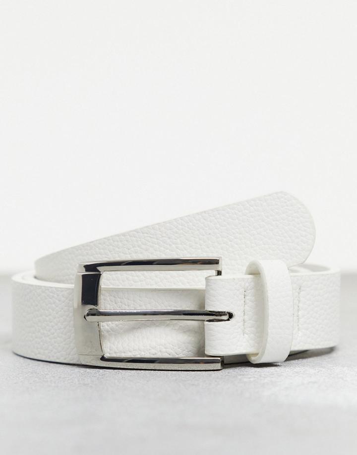 Asos Design Slim Belt In White Faux Leather With Pebble Emboss