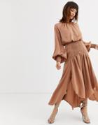 Asos Design Satin Blouson Midi Dress With Shirring And Keyhole Detail