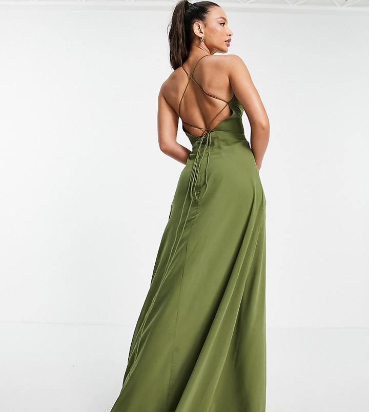 Asos Design Tall Cami Wrap Maxi Dress With Lace Up Back-neutral