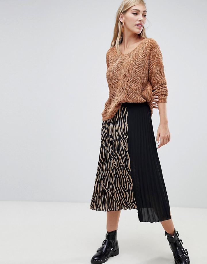 Stradivarius Zebra Print Pleat Midi Skirt - Multi