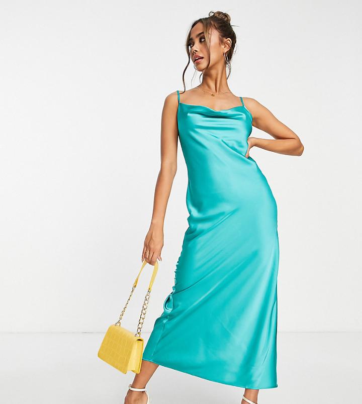 Stradivarius Satin Cami Cowl Midi Dress In Turquoise-blue