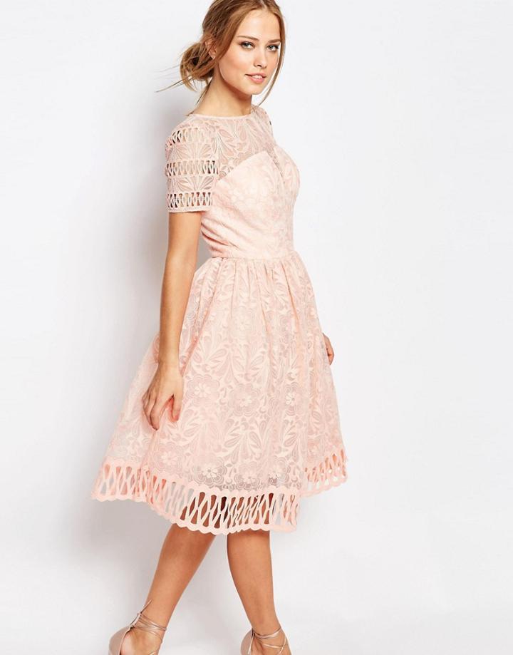 Chi Chi London Premium Lace Dress With Cutwork Detail And Cap Sleeve - Nude