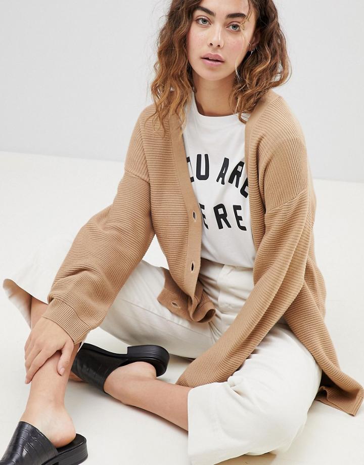 Asos Design Cardigan In Ripple Stitch With Buttons - Stone