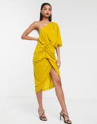 Asos Edition Drape Asymmetric Midi Dress In Velvet-yellow