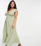 Asos Design Curve Shirred Waist Button Front Tiered Midi Sundress In Crinkle In Khaki-green