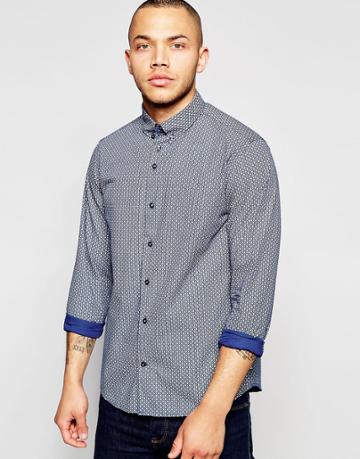 Dickens And Browne Poplin Geometric Print Shirt - Navy