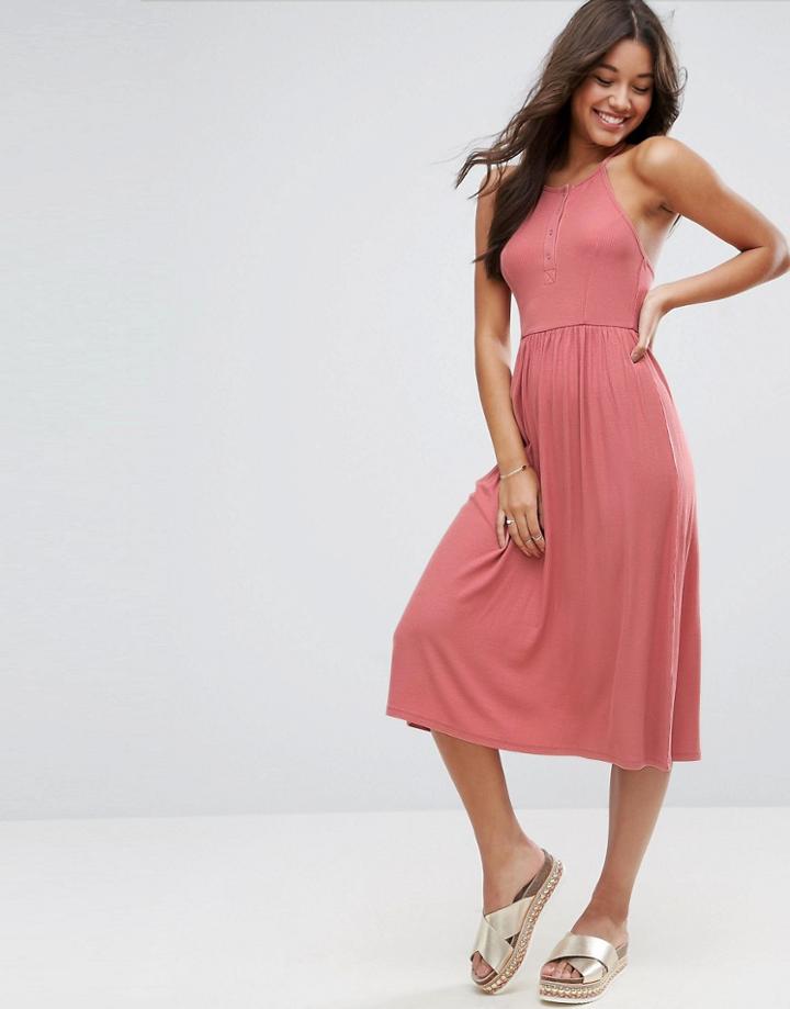 Asos Smock Midi Dress With Popper Details - Pink