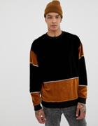 Asos Design Oversized Sweatshirt In Velour With Color Blocking In Black And Brown - Brown
