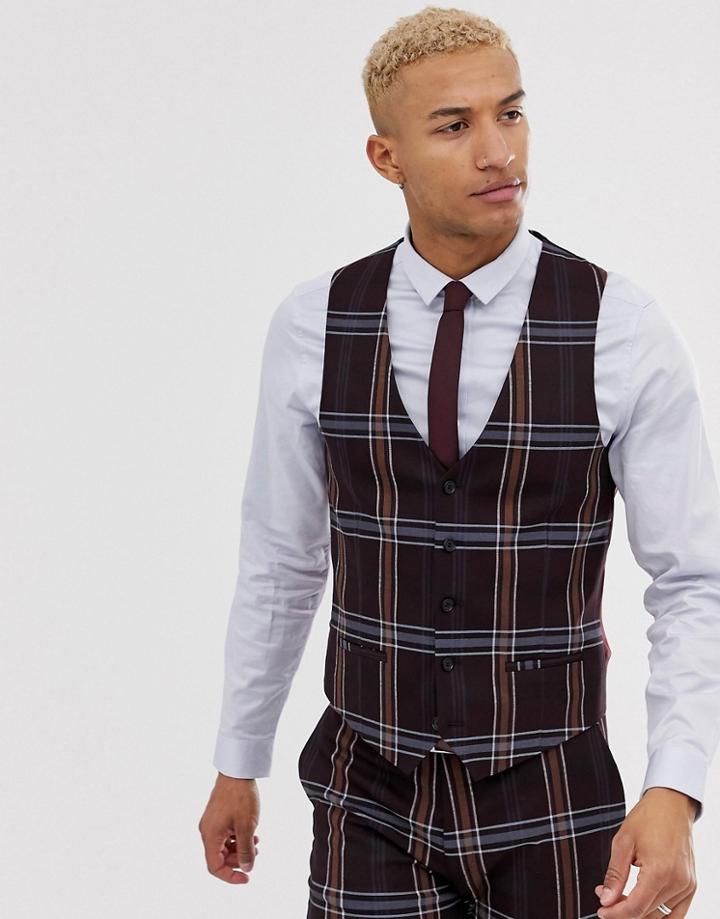 Lockstock Skinny Suit Vest In Purple Check - Purple