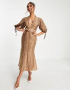 Asos Design Lace Insert Midi Dress With Puff Sleeves And Belt Detail-brown