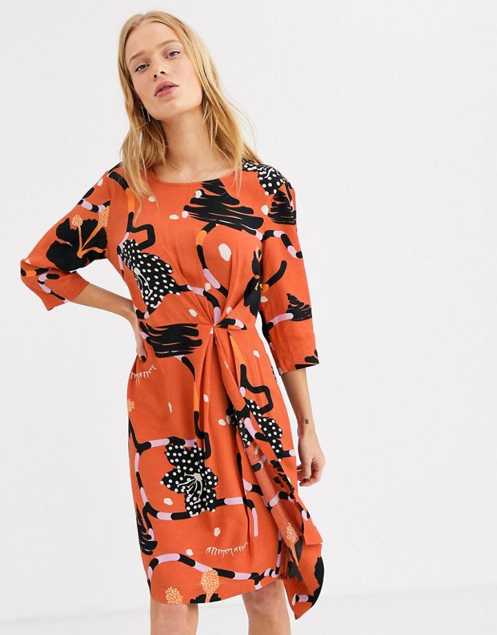 Selected Printed Midi Dress-orange