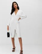 Asos Design Midi Dress With Batwing Sleeve And Wrap Waist In Satin - White