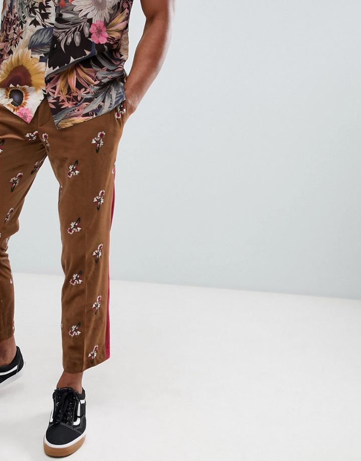 Asos Design Velvet Slim Crop Pants With Side Stripe And Floral Embroidery - Brown