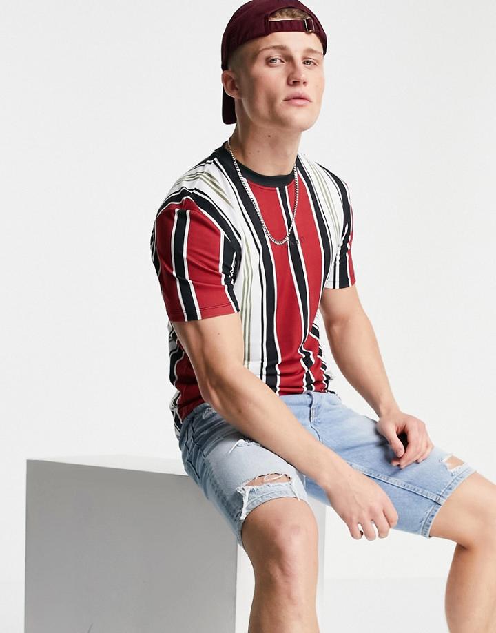 River Island Stripe T-shirt In Dark Red