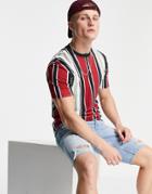 River Island Stripe T-shirt In Dark Red