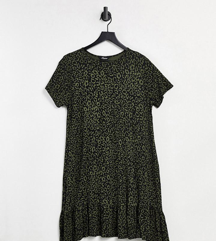 Yours Tiered Smock Dress In Khaki Leopard Print-green